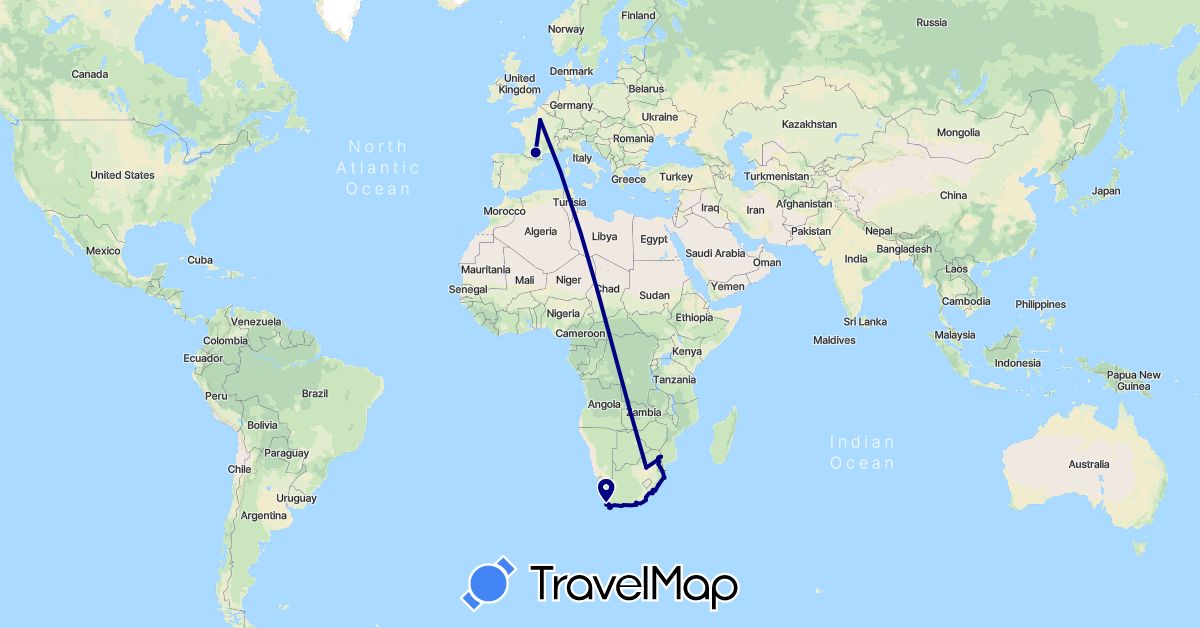 TravelMap itinerary: driving in France, Swaziland, South Africa (Africa, Europe)